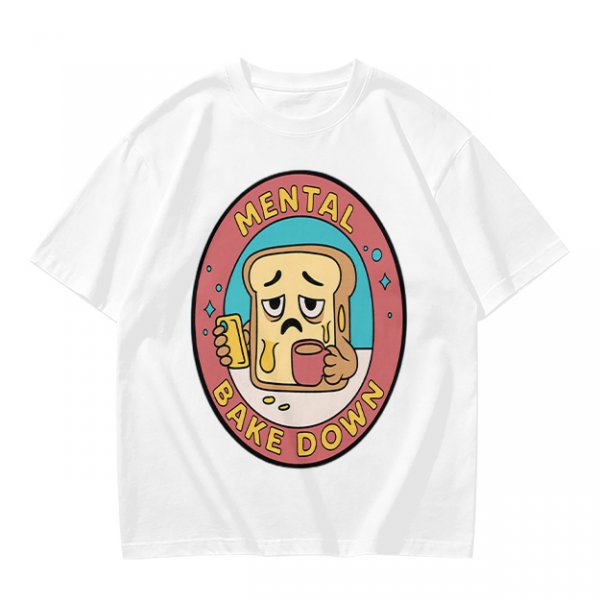 Olive T-Shirt with Sad Toast Holding Coffee and Phone Mental Bake Down Print