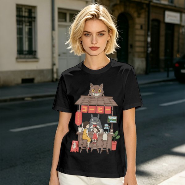 Studio Ghibli inspired coffee stand t-shirt with Totoro and friends