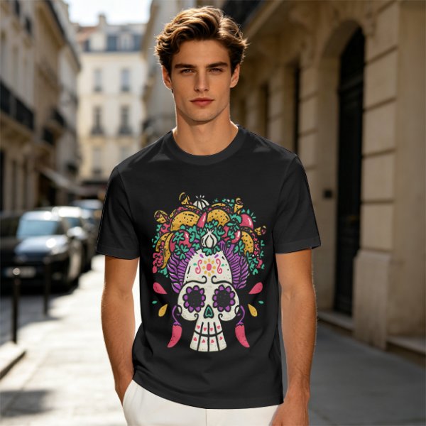 Olive T-Shirt with Day of the Dead Sugar Skull and Taco Food Art