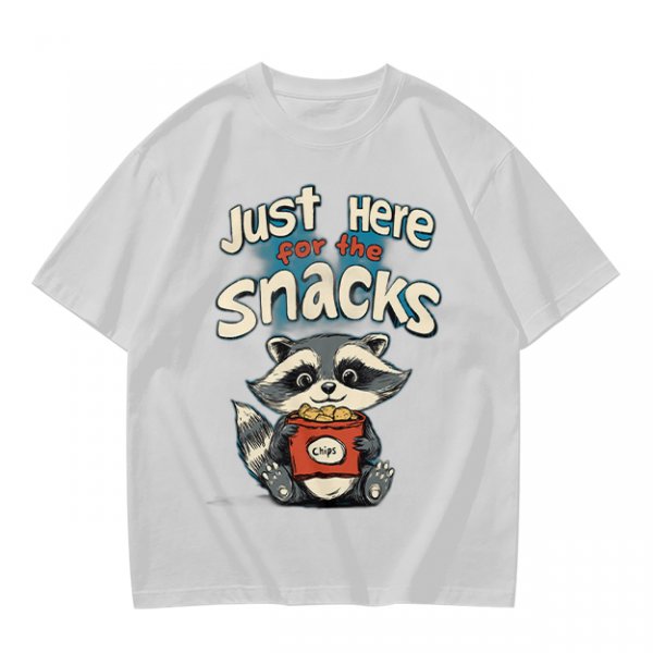 Olive green t-shirt with 'Just Here for the Snacks' and raccoon graphic