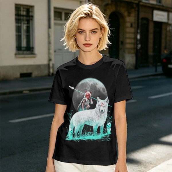 Olive T-Shirt With Wolf Warrior And Moon Forest Art Print