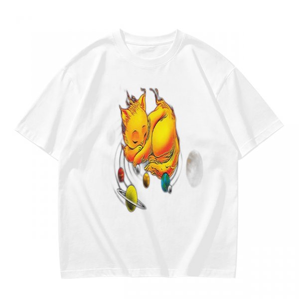 Olive T-Shirt With Sleeping Cosmic Cat And Planets Graphic