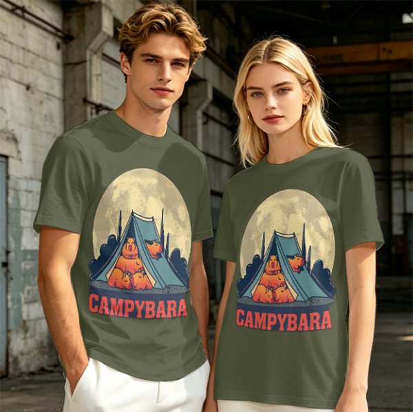 Capybara Camping Tent Full Moon Graphic T-Shirt