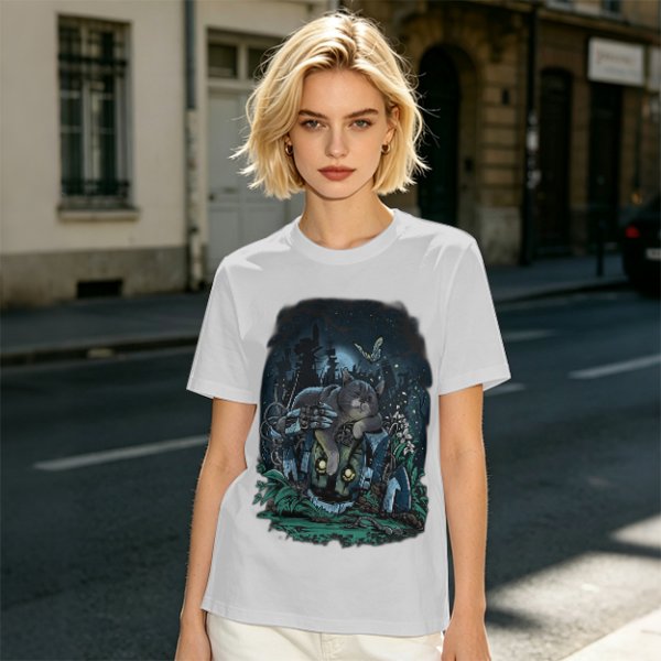 Olive Green T-Shirt With Night Graveyard Cat Illustration