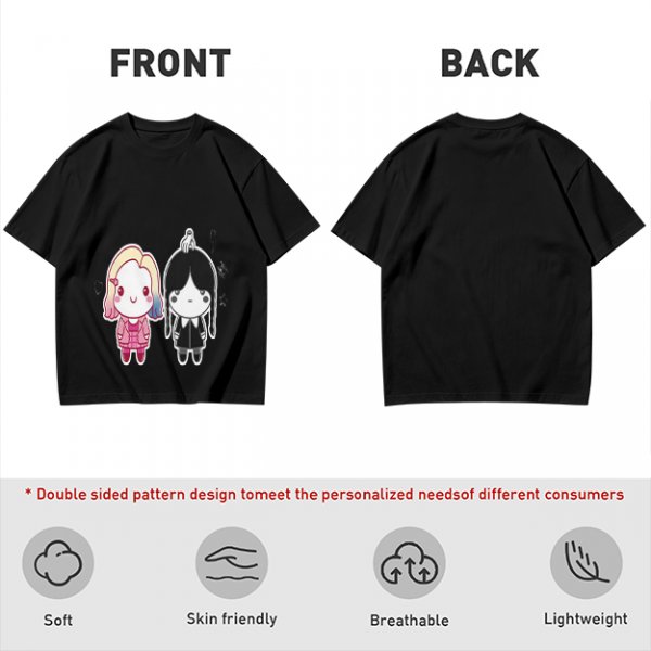 Olive T-Shirt with Chibi Wednesday Addams and Enid Sinclair Print