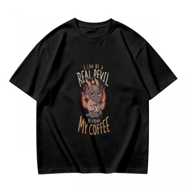 Olive graphic t-shirt with 'I can be a real devil before my coffee' print