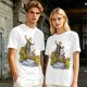 Olive T-shirt with fantasy characters balancing on a log over a stream