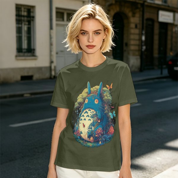 Olive T-Shirt with Whimsical Forest Spirit and Butterfly Print