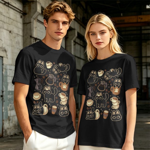 Olive T-Shirt With Cute Black Cats And Coffee Themed Print