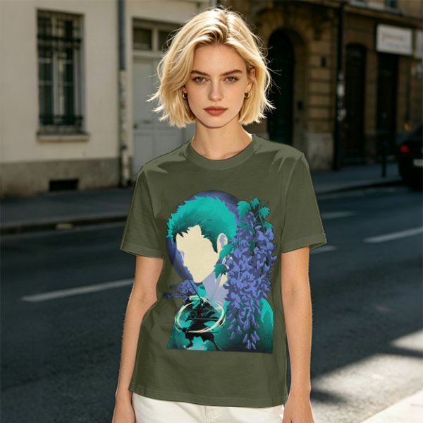 Anime Character Silhouette Wisteria Floral Graphic Olive T-Shirt