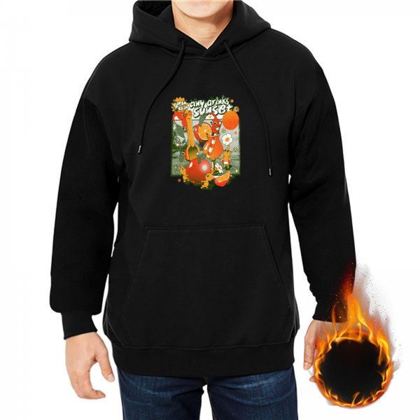 Black hoodie with citrus fruit and whimsical graphic print
