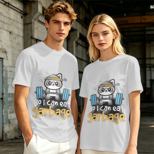 Olive T-Shirt with Raccoon Lifting Weights 'So I Can Eat Garbage' Print