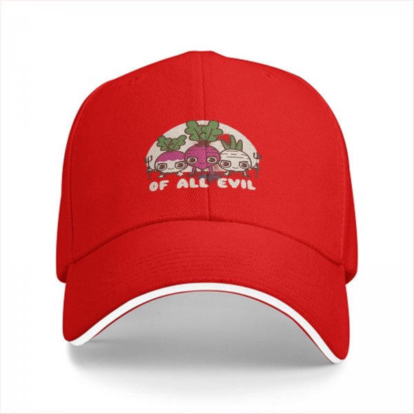 Black baseball cap with 'Of All Evil' radish devil graphic