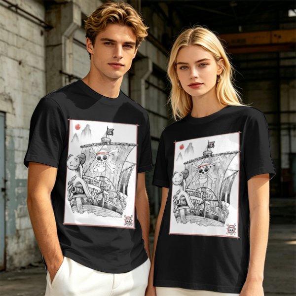 Olive T-shirt with Straw Hat Pirate Ship Art Print