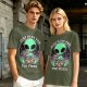 Olive green t-shirt with alien eating pizza text Just Here For The Pizza