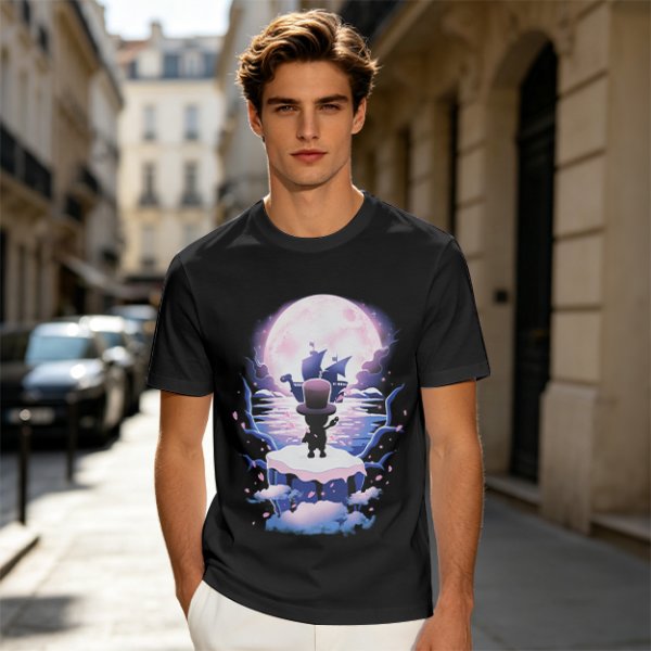 Olive T-Shirt With Moonlit Pirate Ship And Silhouette Figure Print