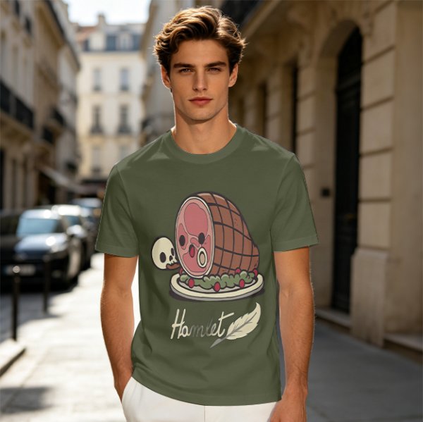 Olive T-Shirt With Funny Hamlet Ham And Skull Graphic Print