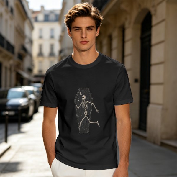 Olive t-shirt with skeleton running from starry coffin graphic