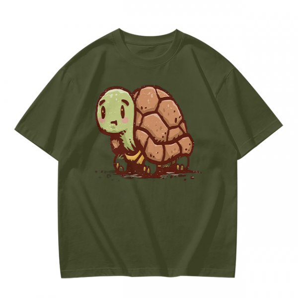 Olive Green T-Shirt With Cute Cartoon Turtle Graphic