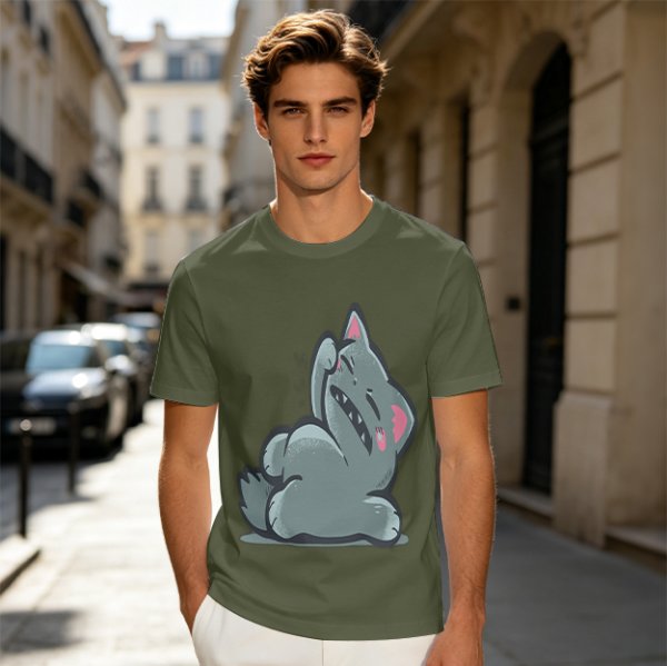 Olive T-Shirt With Embarrassed Gray Cat Graphic Print