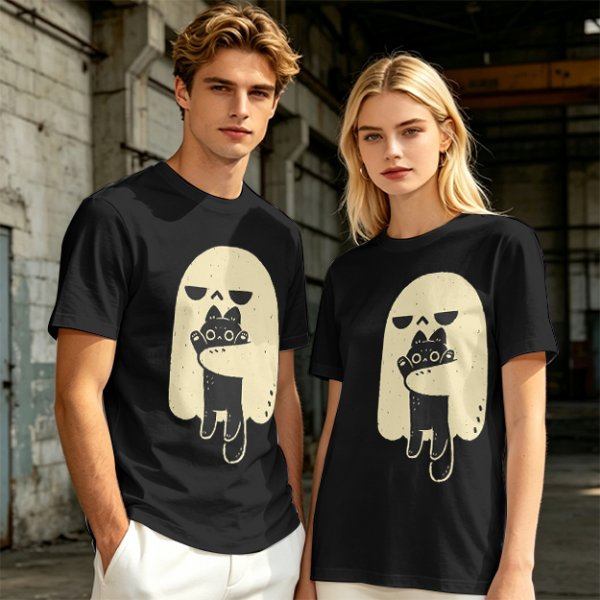 Olive T-Shirt With Ghost Holding Black Cat Graphic