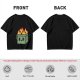 Olive green t-shirt with a cartoon burning box graphic