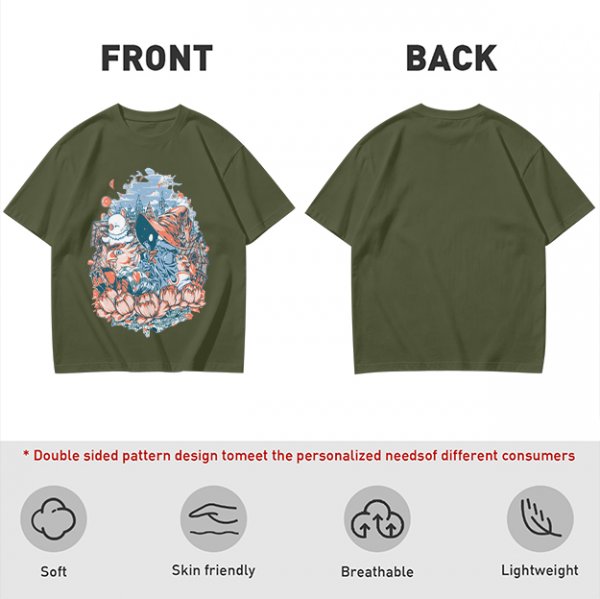 Olive T-Shirt with Whimsical Fantasy Character and Floral Art Print