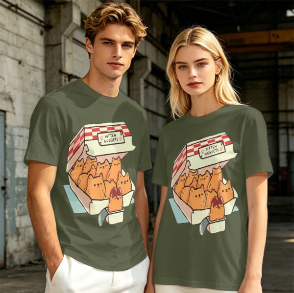 Olive T-Shirt With Kitten Nuggets Fried Chicken Box Graphic