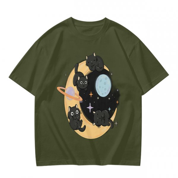 Olive T-Shirt With Black Cats On Crescent Moon Space Print