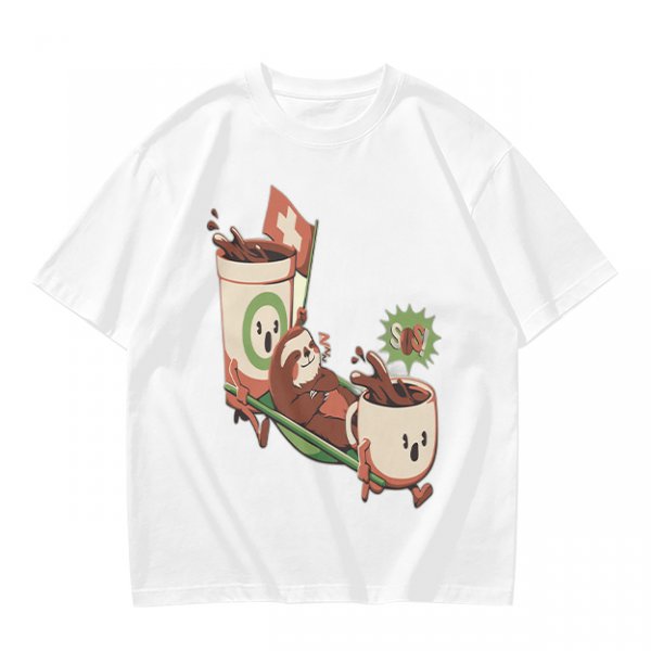 Olive green graphic tee with a sloth relaxing between anthropomorphic coffee mugs