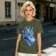 Olive T-shirt with retro blue cartoon car and characters graphic