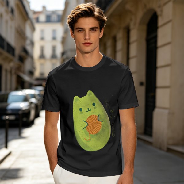 Olive Green T-Shirt With Cute Avocado Cat Holding Yarn Ball Print