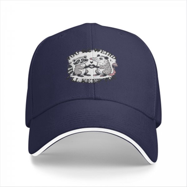 Black baseball cap with raccoon and opossum weird love graphic