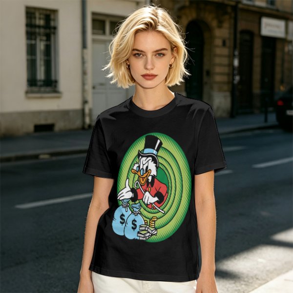 Olive T-Shirt Featuring Scrooge McDuck with Money Bags and Coins