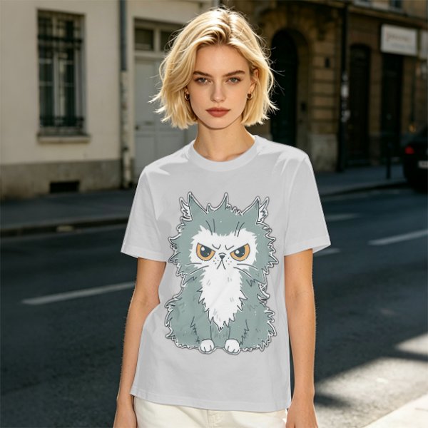 Olive T-shirt with Grumpy Fluffy Gray Cat Graphic Print