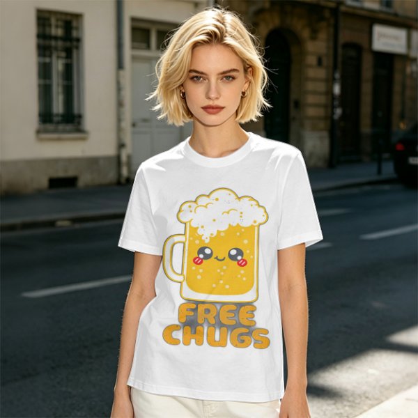Olive Green T-Shirt With Cute Kawaii Beer Mug Free Chugs Print