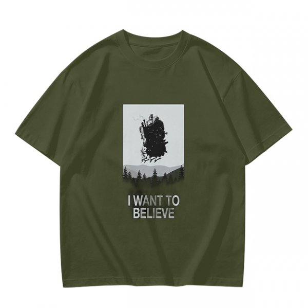 Olive t-shirt with 'I Want To Believe' UFO landscape print