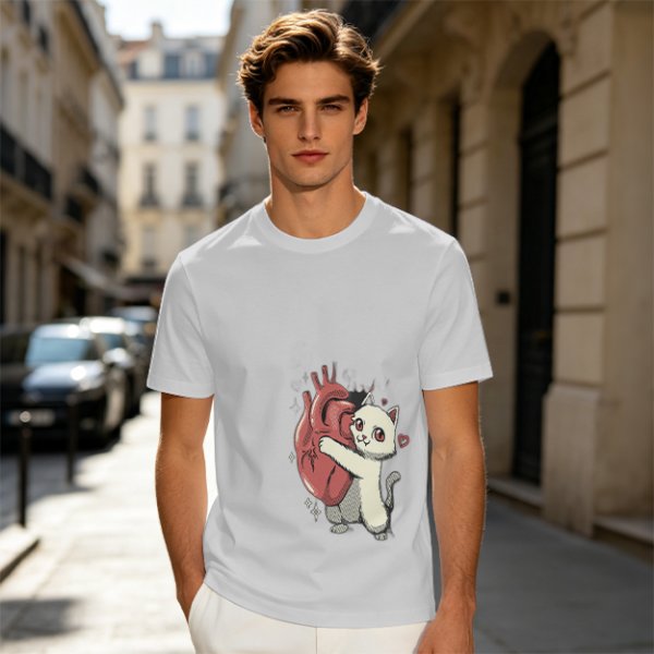 Olive T-Shirt With Cute White Cat Hugging Anatomical Heart Print
