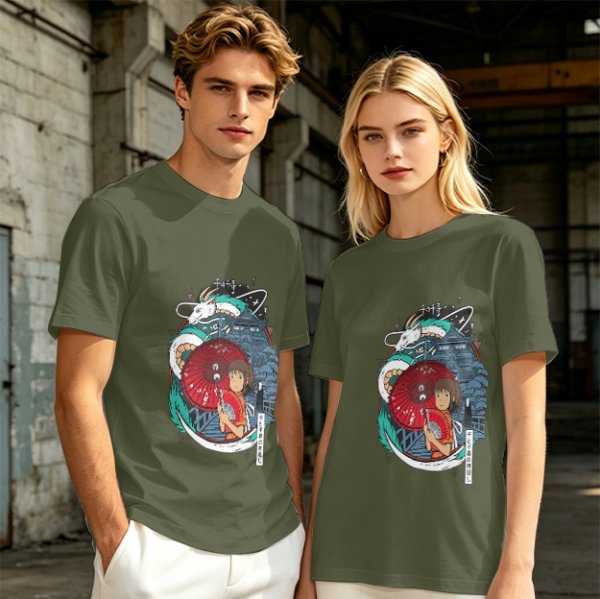 Spirited Away anime graphic olive green short sleeve t-shirt