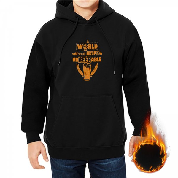Black hoodie with 'A World Without Hops Is Unbeerable' beer graphic