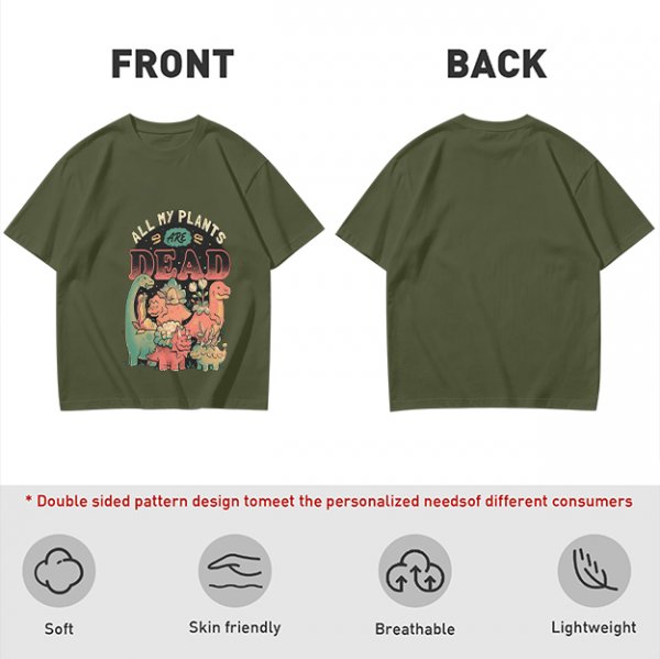 Olive graphic t-shirt with 'All My Plants Are Dead' dinosaur print