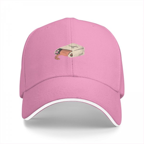 Black baseball cap with a cat peeking out of a blanket graphic