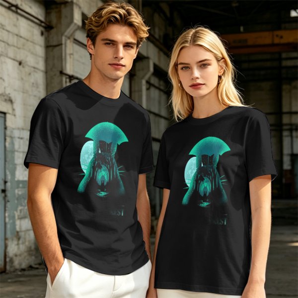 Olive T-Shirt With Glowing Teal Mushroom Creature And Moon Print