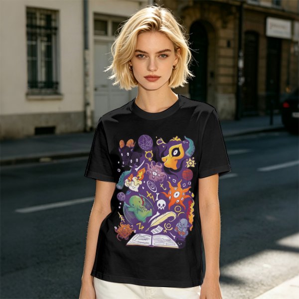 Olive T-Shirt With Cute Occult Monster And Spell Book Print