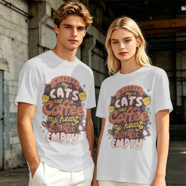 Olive graphic t-shirt with cats and coffee heart quote
