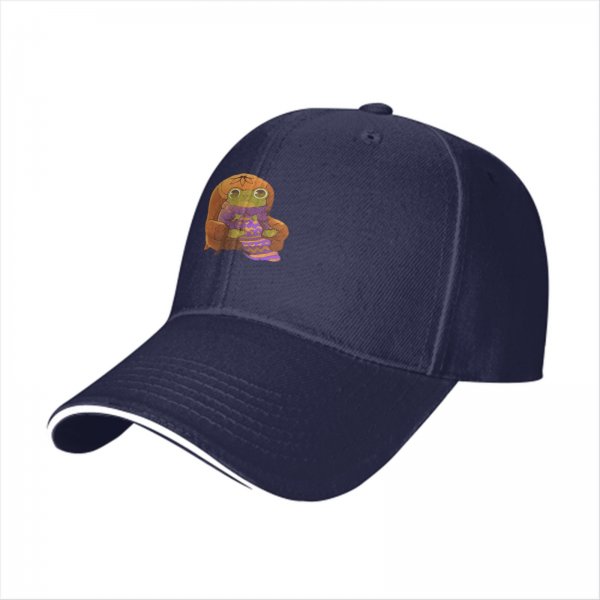Black baseball cap with a cozy frog sitting in an armchair graphic