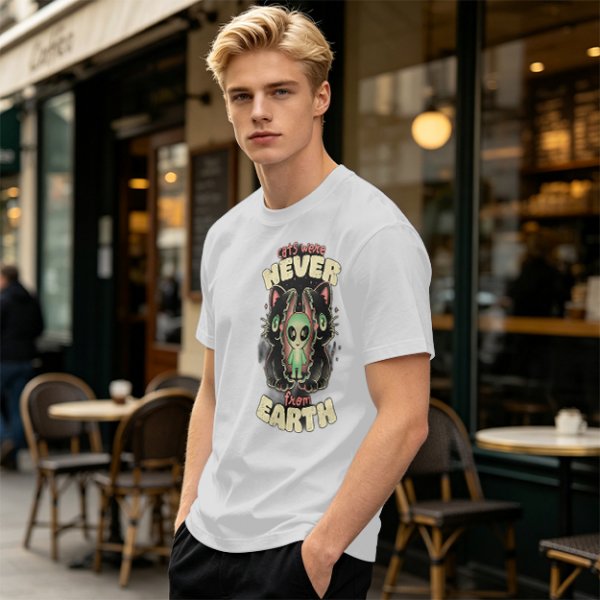 Olive green graphic t-shirt with 'cats were never from earth' alien and cat print