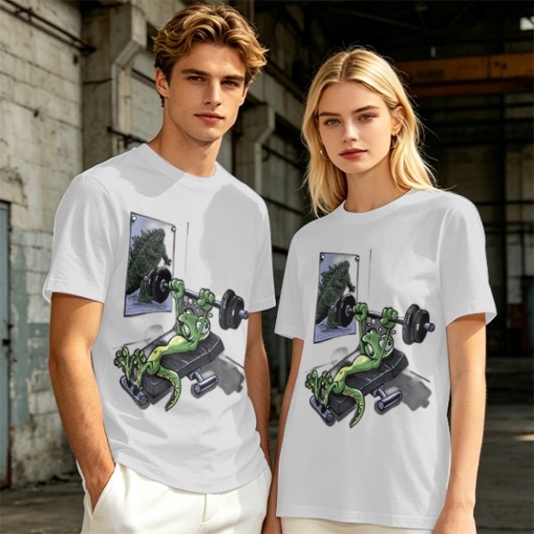 Olive T-shirt with cartoon lizard bench pressing weights in gym mirror