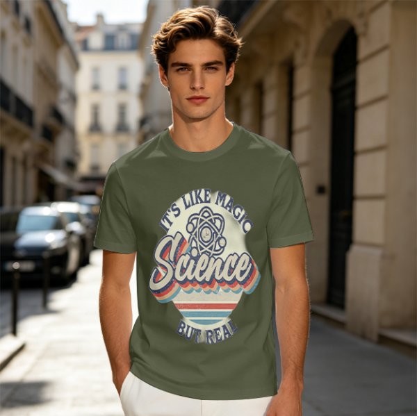 Olive T-Shirt With 'It's Like Magic Science But Real' Retro Print