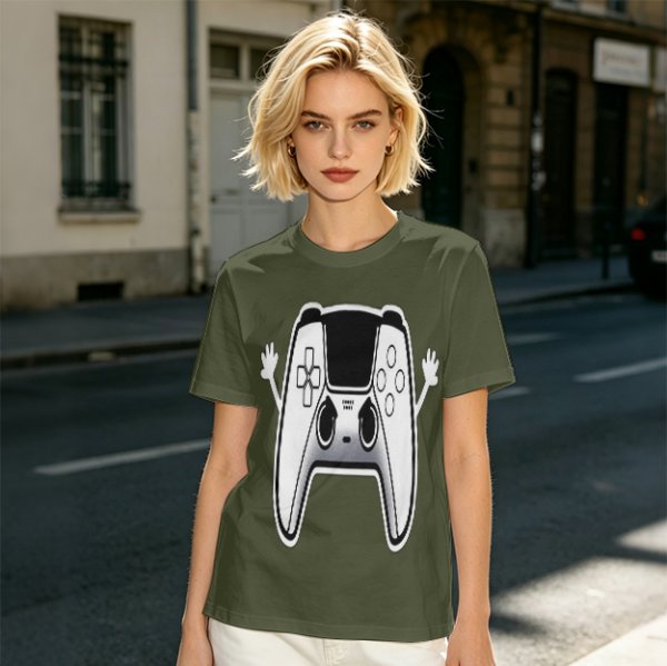 Olive T-Shirt With Cartoon Game Controller Graphic